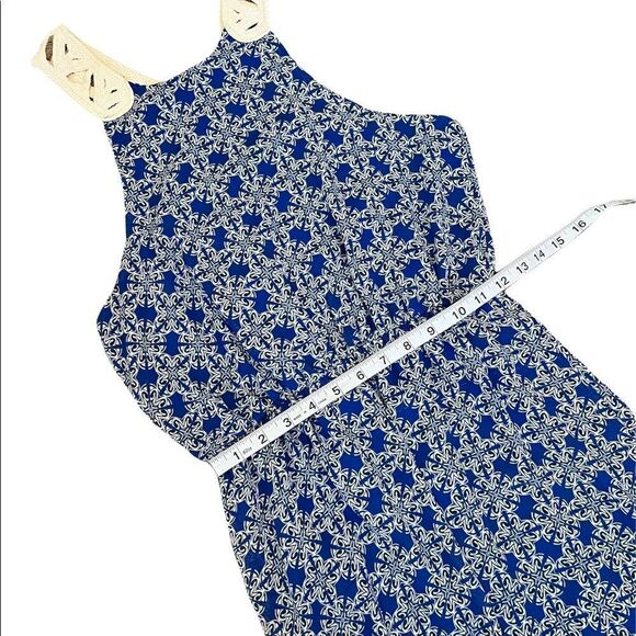 Blue Patterned Crochet Back Gathered Waist Long Dress M - Picture 6 of 10